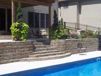Backyard raised patio with pool