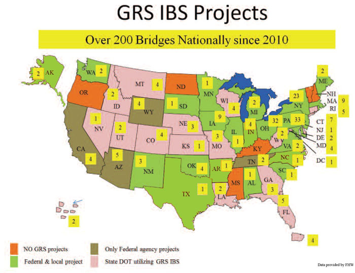 FHWA map of GRS - IBS projects in North America